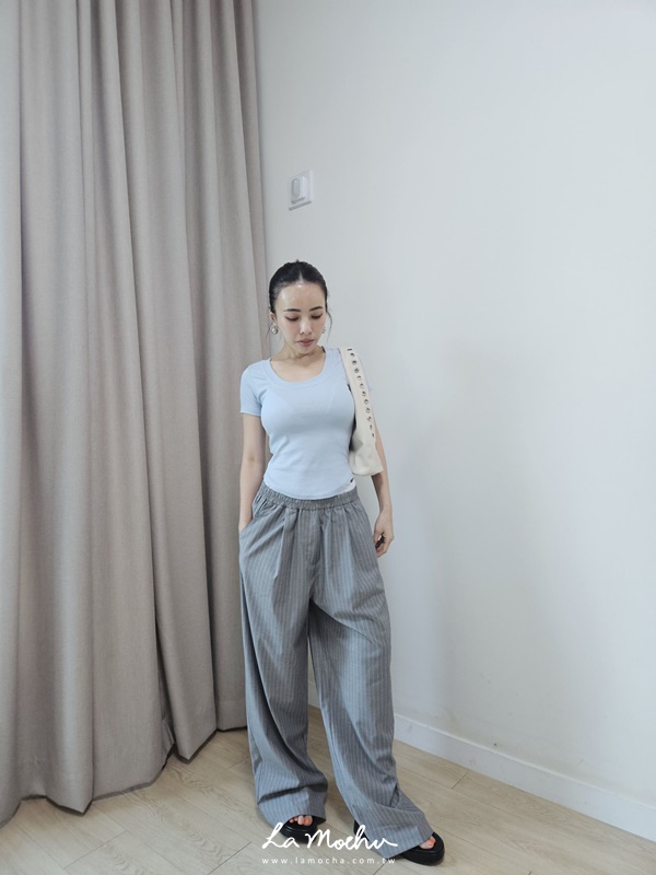 下擺圓弧U領坑條上衣
